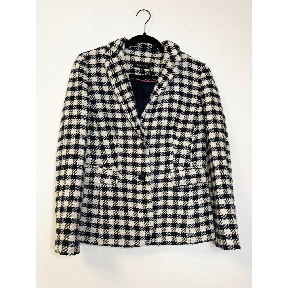 Talbots Wool Blend Houndstooth Tweed Blazer Women's Size 6 Black White Classic